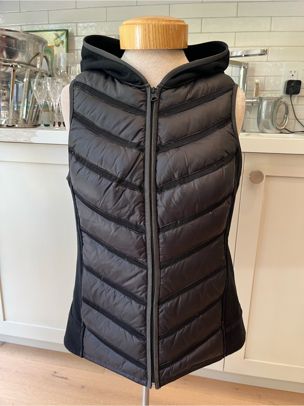 Blanc Noir black down filled front and shoulder panel hooded puffer vest